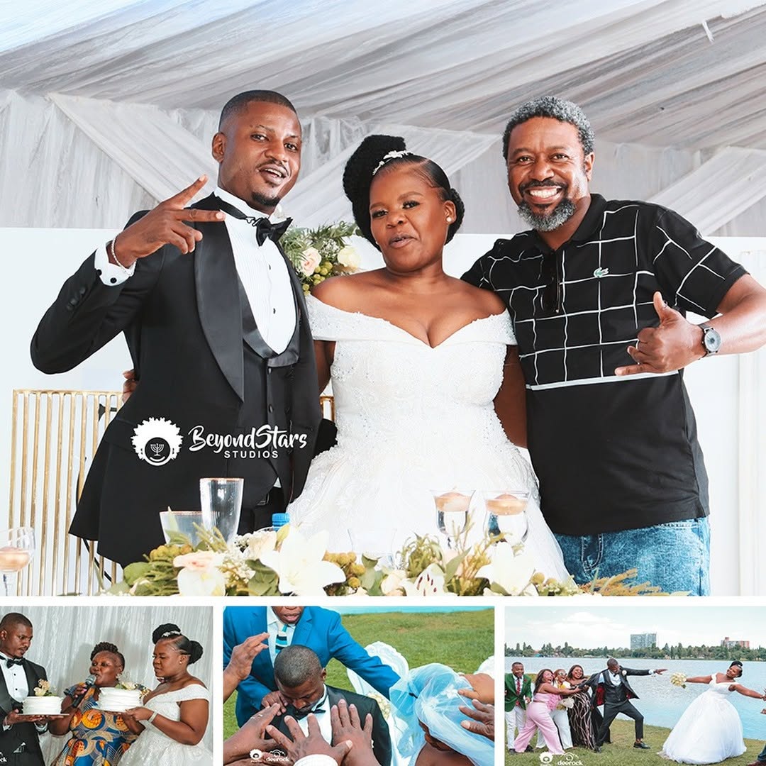 Bride and groom celebrating with guests at the reception
